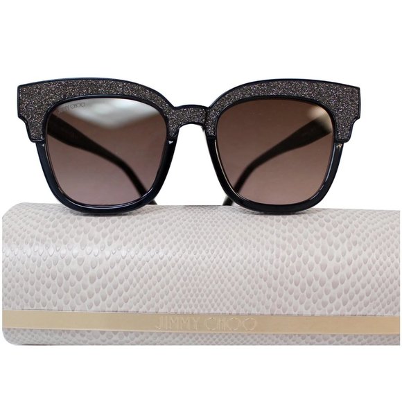 BNWT Jimmy Choo MAYEL/S VE 018R Clubmaster Black Glittery Sunglasses Brown Lens - Picture 3 of 6